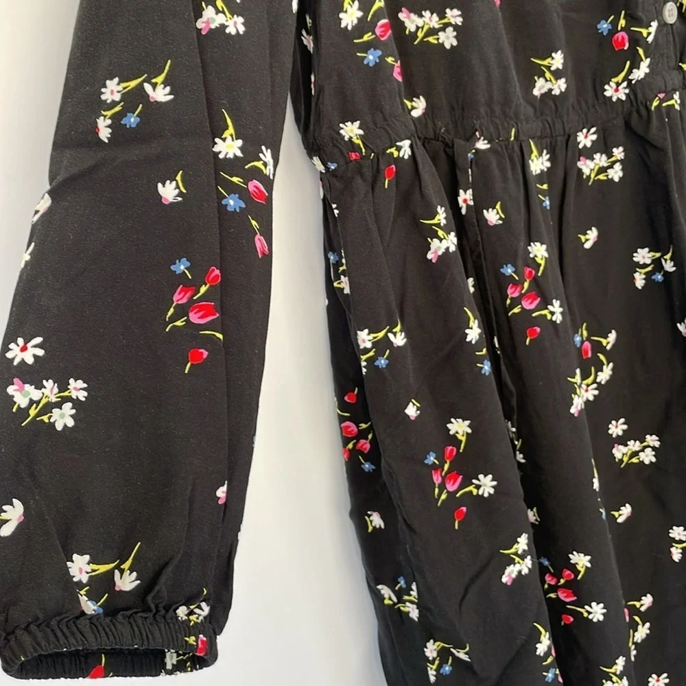 LOFT Black Casual Floral Side Tie Sundress Long Sleeves Medium Petite